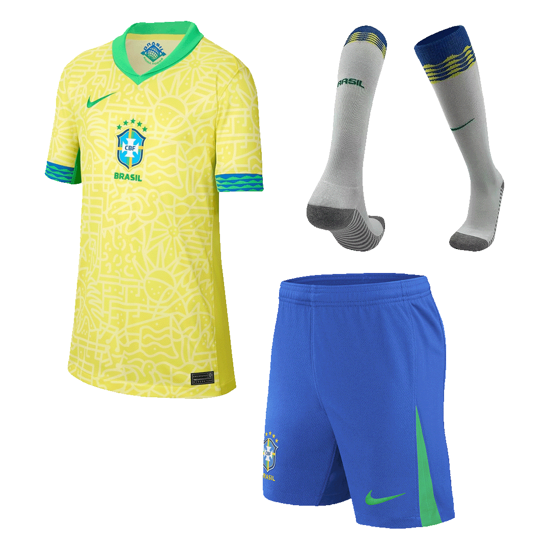 Kid's Brazil Home Soccer Jersey Kit(Jersey+Shorts+Socks) Copa America 2024