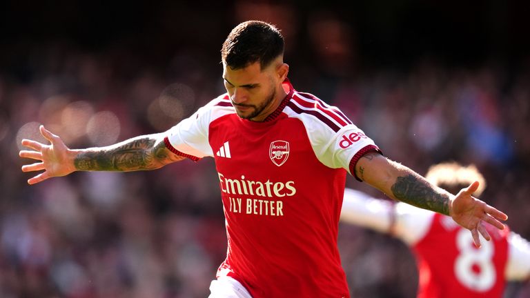 Bruno Guimarães celebrates his winning goal against Leeds at the Emirates.