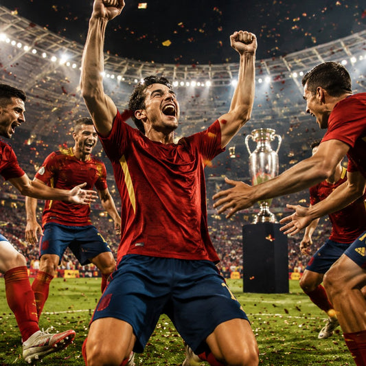 Spain celebrating a World Cup 2026 final win after extra time under stadium lights
