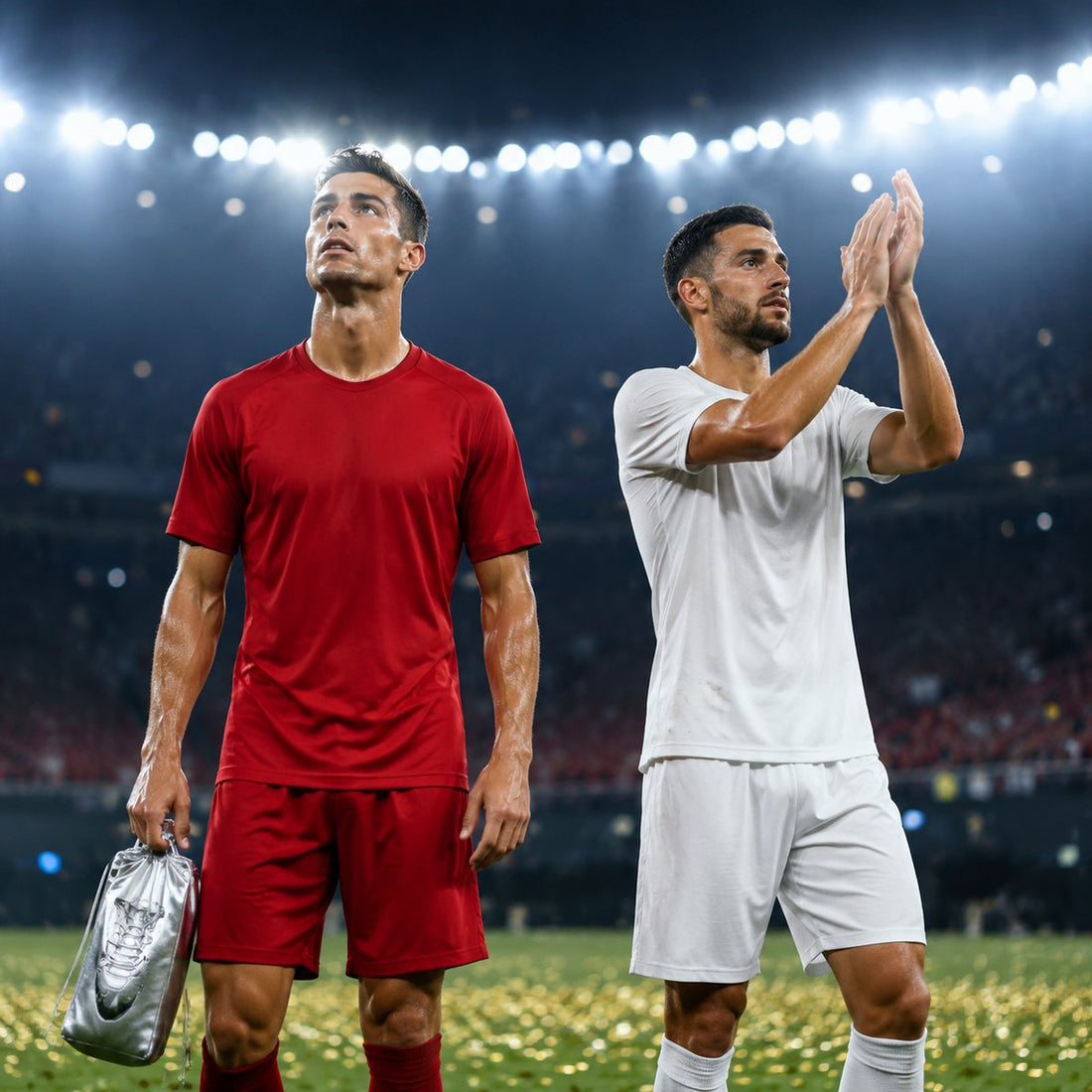 Generic footballers in red and white kits after the World Cup 2026 final under stadium lights
