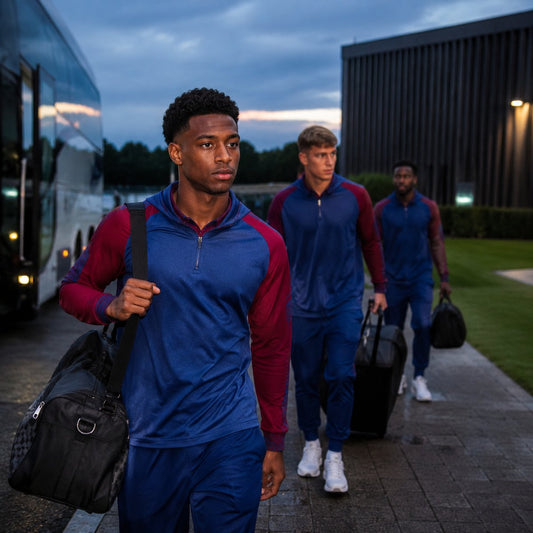 Generic Barcelona-style players arriving at an English training base before a preseason friendly