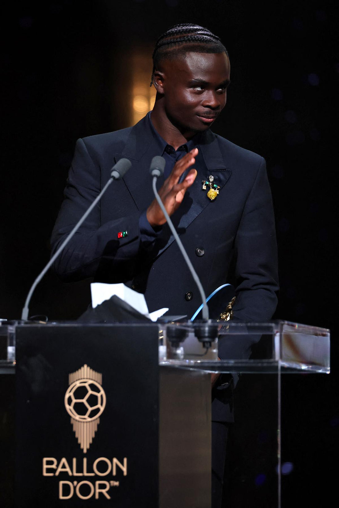 Bukayo Saka speaking at the 2026 Ballon d’Or ceremony after receiving the Socrates Award