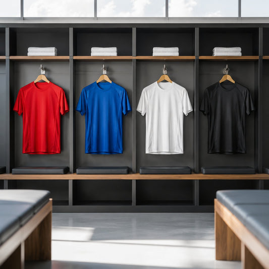 Four unbranded football shirts in a modern dressing room for the 2026/27 season