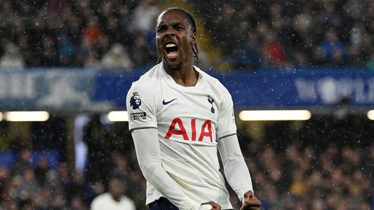 Mathys Tel celebrates Tottenham’s second goal at Stamford Bridge
