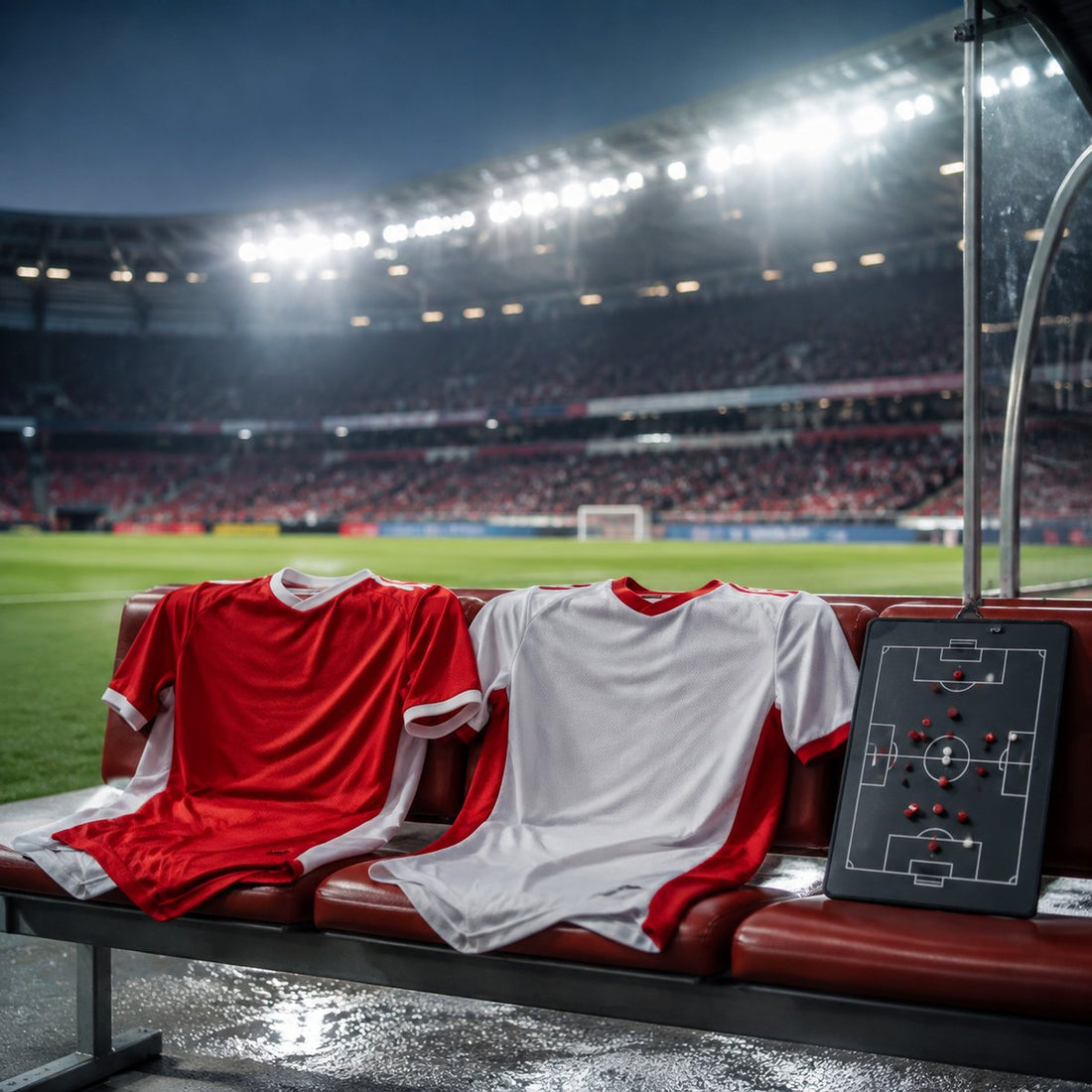 Unbranded red and white football shirts beside a tactics board after a preseason comeback match