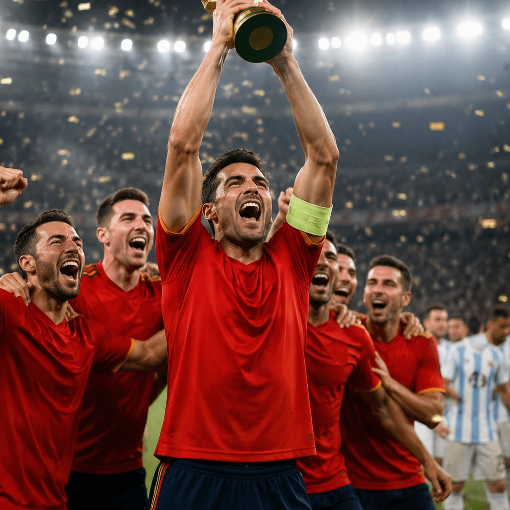 Spain lifting the World Cup 2026 trophy after the final while Argentina players look on