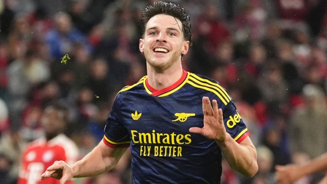 Declan Rice celebrates Arsenal’s equaliser against Bayern Munich