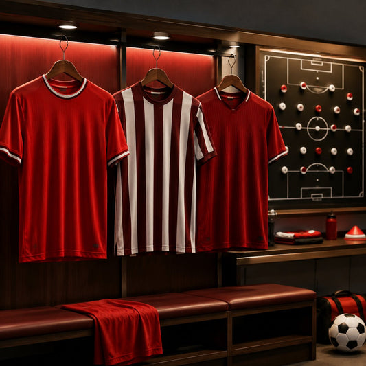 Unbranded red football shirts beside a tactical board for pre-season analysis