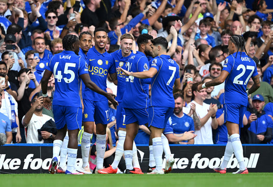 Chelsea players celebrating Morgan Rogers opening goal against Hull City at Stamford Bridge on 12 September 2026