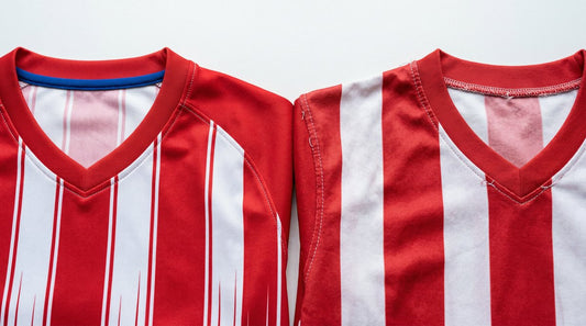 Comparison of two football jerseys showing quality differences in stitching and fabric