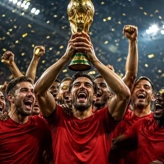 Players in plain red kits celebrating a World Cup 2026 title under stadium lights after the final