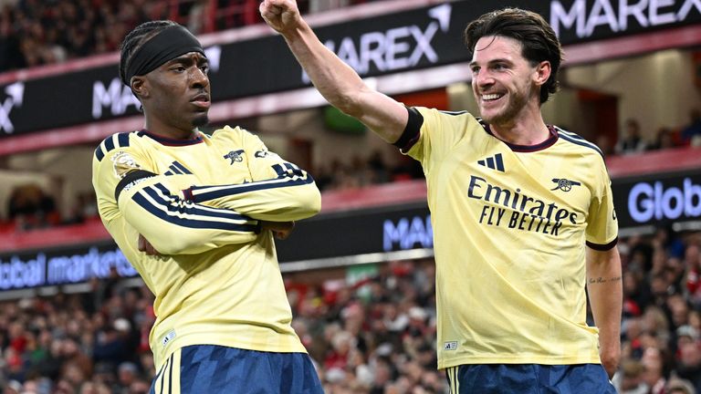 Noni Madueke and Declan Rice celebrate Arsenal’s winner at Nottingham Forest on 18 October 2026