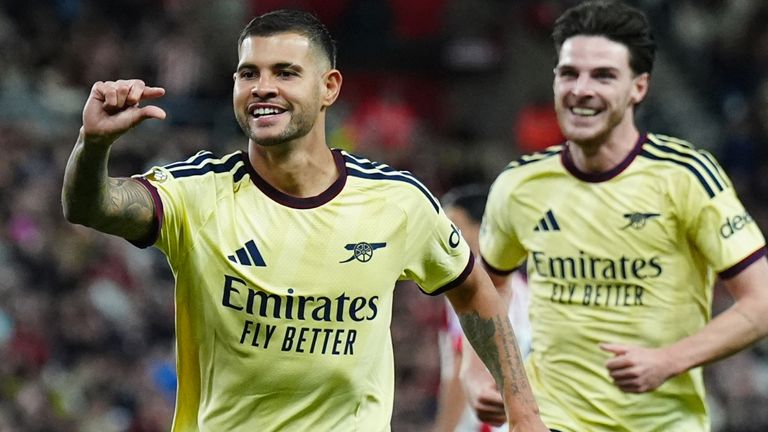 Bruno Guimaraes celebrating for Arsenal against Sunderland at the Stadium of Light on 12 September 2026