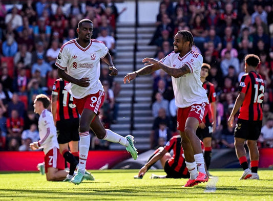 Alexander Isak celebrating with a Liverpool team-mate after scoring against Bournemouth on 20 September 2026