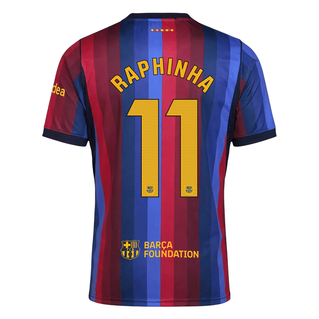 RAPHINHA #11 Men Fan 26/27 Barcelona Home Soccer Jersey Short Sleeve Blue&Garnet