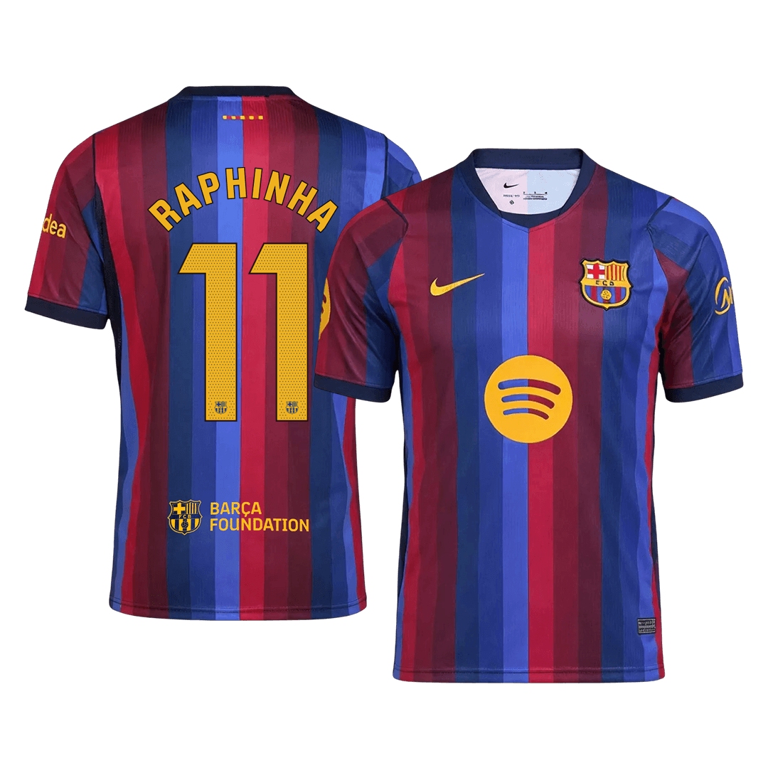 RAPHINHA #11 Men Fan 26/27 Barcelona Home Soccer Jersey Short Sleeve Blue&Garnet