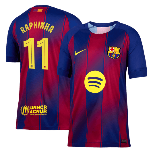 RAPHINHA #11 Barcelona Home Soccer Jersey 2025/26 Red&Blue - UCL