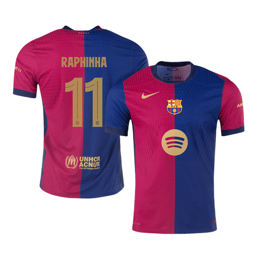 RAPHINHA #11 Authentic Barcelona Home Soccer Jersey 2024/25 Red&Blue - UCL (Spotify Logo Without Text)