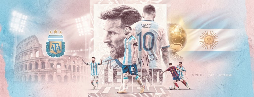 Lionel Messi career collage with Argentina shirts, the number 10 and the Argentina flag